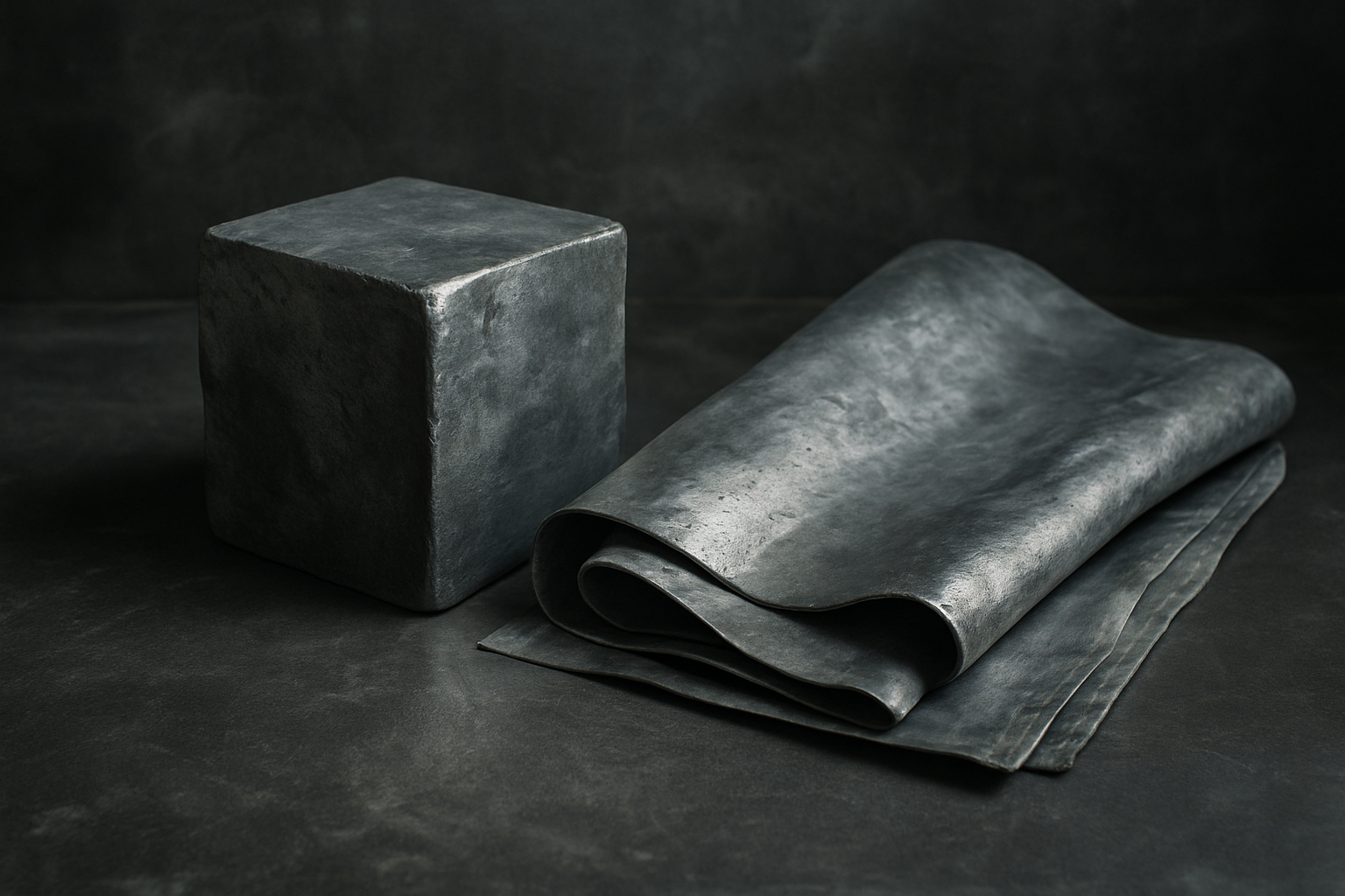 A cube and a folded sheet of lead