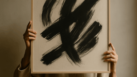 A person holds an painting of broad black brush strokes in front of their face