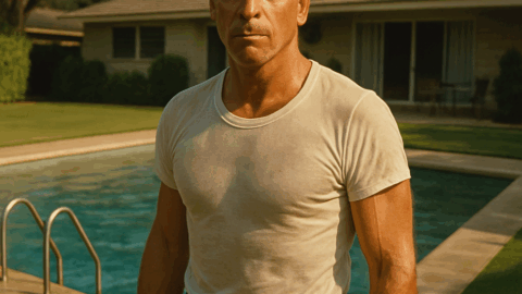 A man stands beside a back yard swimming pool