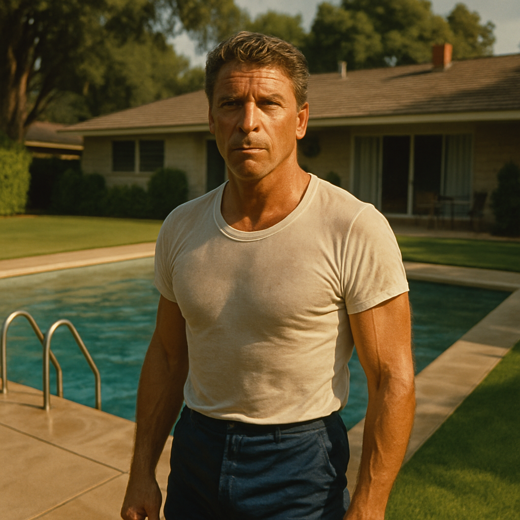 A man stands beside a back yard swimming pool