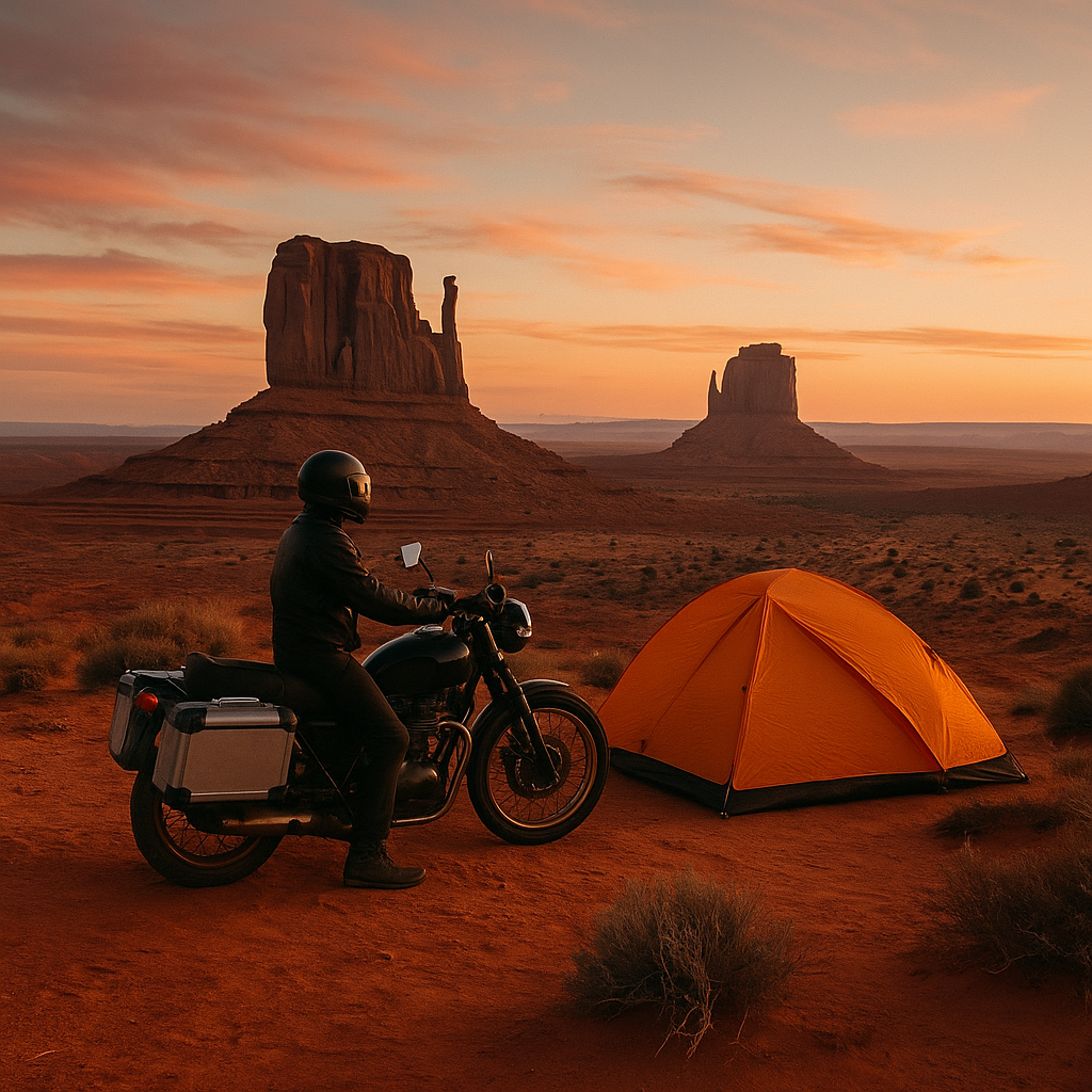 A motorbike is parked next to a tent in the Arizona desert