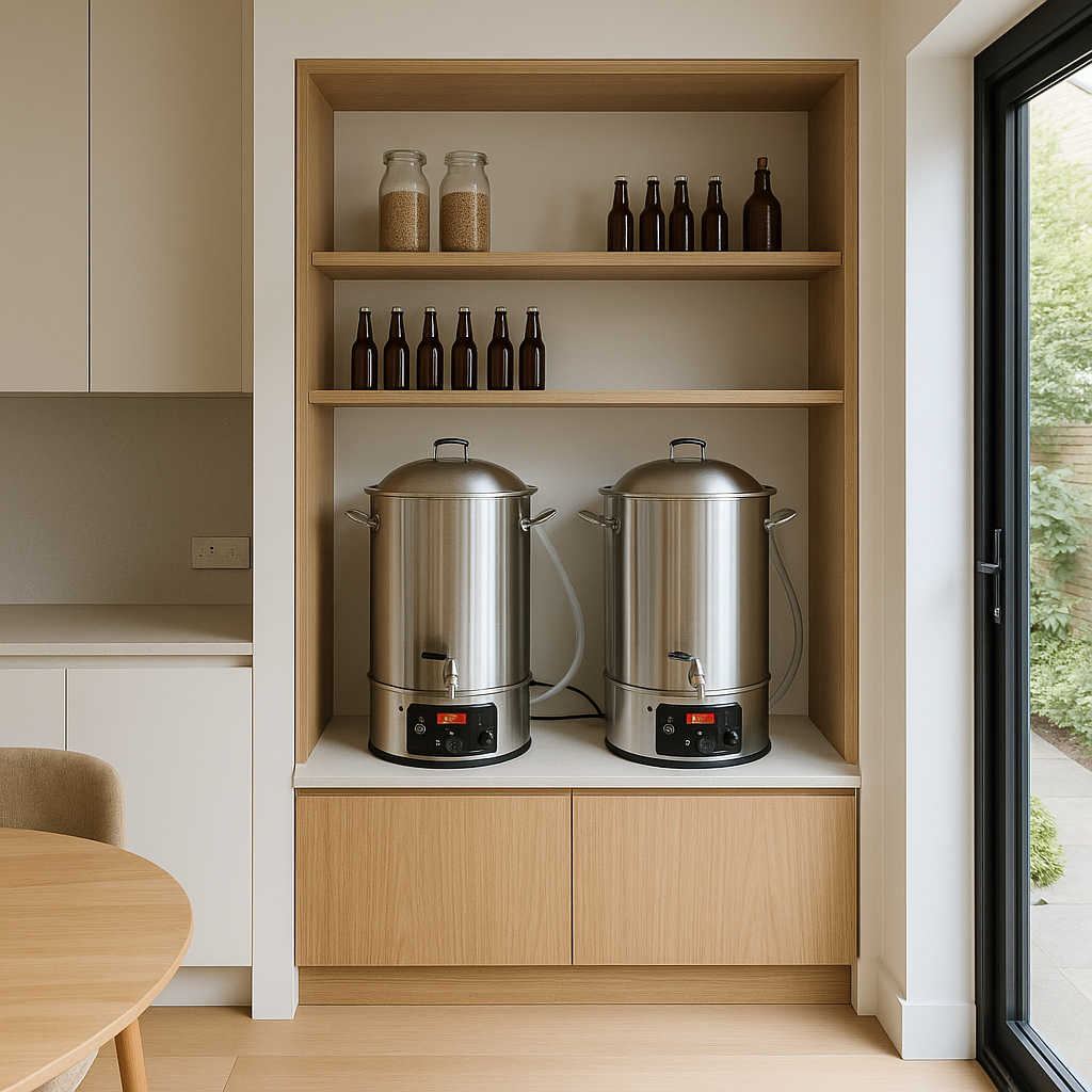 Home brew equipment tidied away in a home