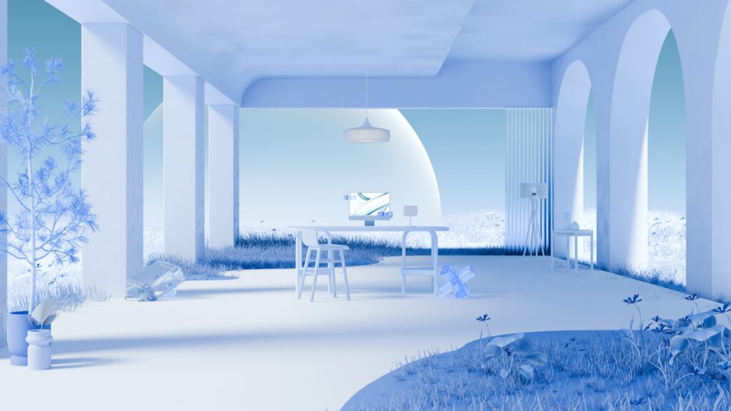 A minimalist room with a surreal background.