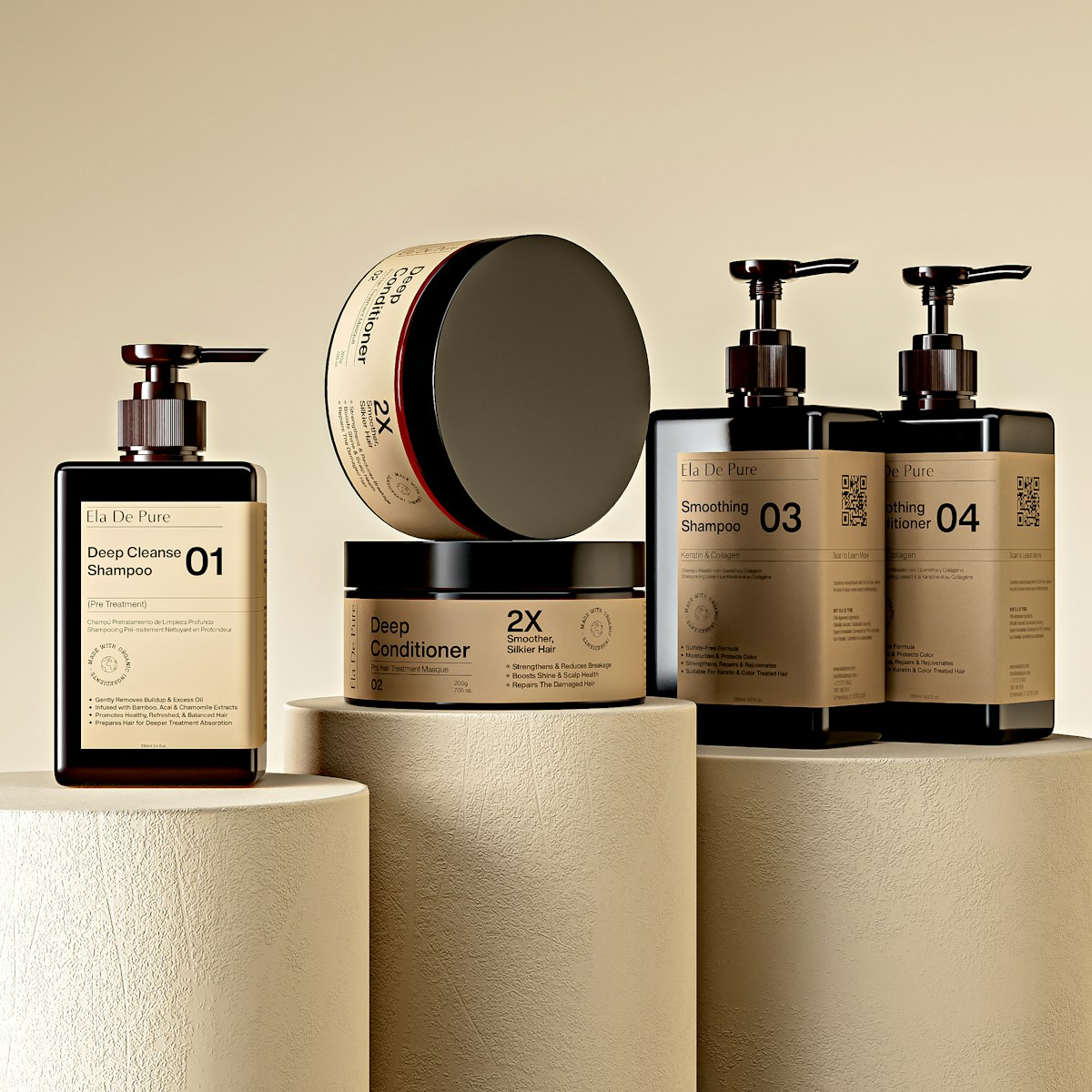 Hair care products are neatly displayed on a stand.